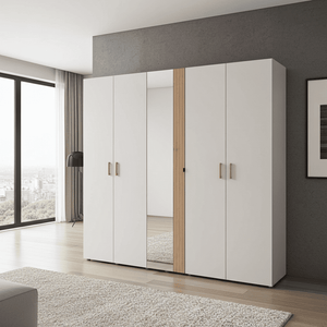 Granada 5-Door Mirrored Wardrobe in Cashmere & Artisan Oak Effect – Modern Bedroom Storage with Hanging Rails and Shelves, H 217.5cm x W 220cm x D 62cm - My Store