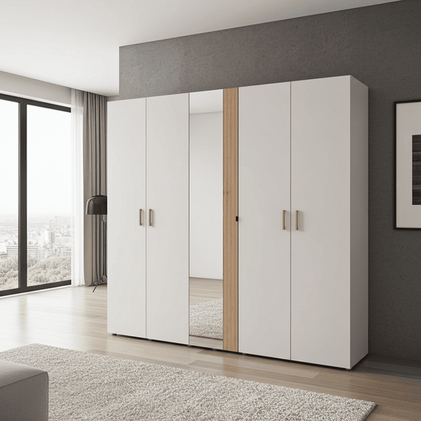 Granada 5-Door Mirrored Wardrobe in Cashmere & Artisan Oak Effect – Modern Bedroom Storage with Hanging Rails and Shelves, H 217.5cm x W 220cm x D 62cm - My Store