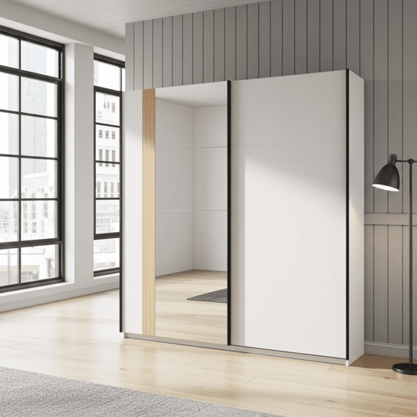 Granada Cashmere & Artisan Oak Effect Sliding Door Wardrobe with Mirror, 2 Hanging Rails & 2 Shelves – 220cm Wide, Modern Bedroom Storage