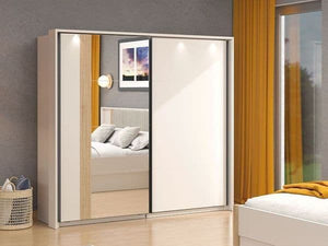 Granada Cashmere & Artisan Oak Effect Sliding Door Wardrobe with Mirror, 2 Hanging Rails & 2 Shelves – 220cm Wide, Modern Bedroom Storage