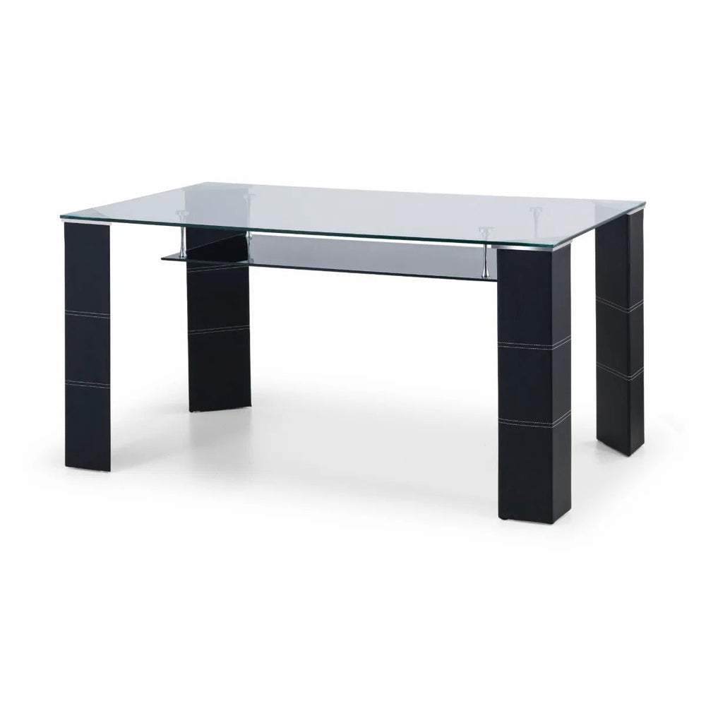 Greenwich Clear Tempered Glass Dining Table with Black Faux Leather Legs & Glass Shelf – Seats 6 - Sleek Furniture