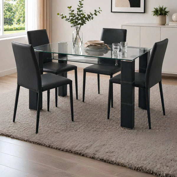 Greenwich Clear Tempered Glass Dining Table with Black Faux Leather Legs & Glass Shelf – Seats 6 - Sleek Furniture