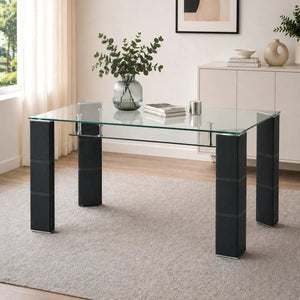 Greenwich Clear Tempered Glass Dining Table with Black Faux Leather Legs & Glass Shelf – Seats 6 - Sleek Furniture