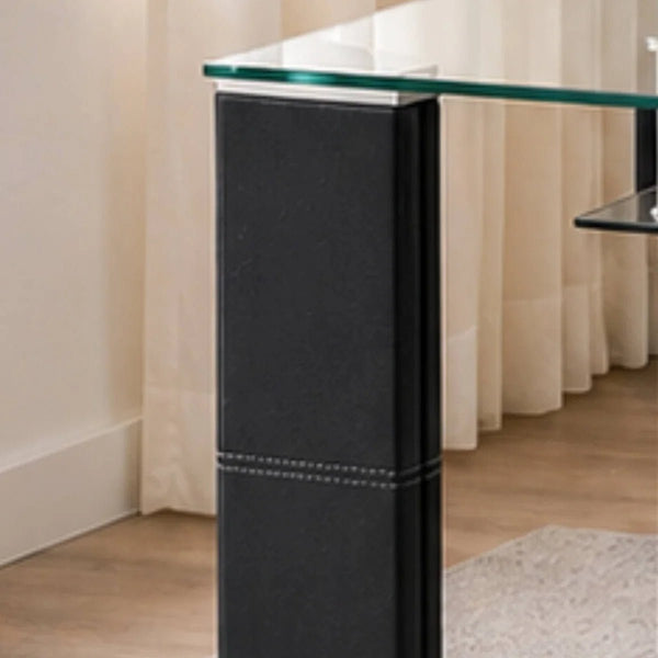 Greenwich Clear Tempered Glass Dining Table with Black Faux Leather Legs & Glass Shelf – Seats 6 - Sleek Furniture