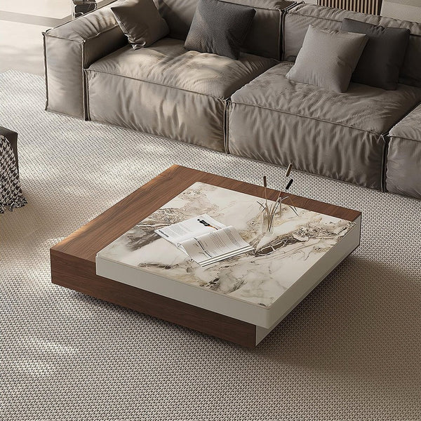 Grimaldi Extendable Square Coffee Table with Sintered Stone Top | Modern Walnut & White Contemporary Center Table | MDF Storage Living Room Table - Sleek Furniture