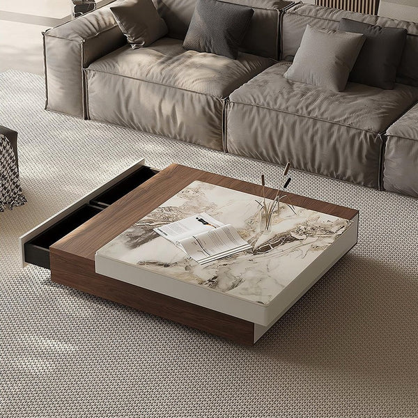 Grimaldi Extendable Square Coffee Table with Sintered Stone Top | Modern Walnut & White Contemporary Center Table | MDF Storage Living Room Table - Sleek Furniture