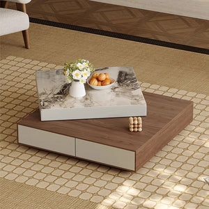 Grimaldi Extendable Square Coffee Table with Sintered Stone Top | Modern Walnut & White Contemporary Center Table | MDF Storage Living Room Table - Sleek Furniture