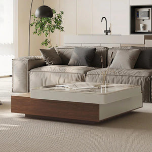 Grimaldi Extendable Square Coffee Table with Sintered Stone Top | Modern Walnut & White Contemporary Center Table | MDF Storage Living Room Table - Sleek Furniture