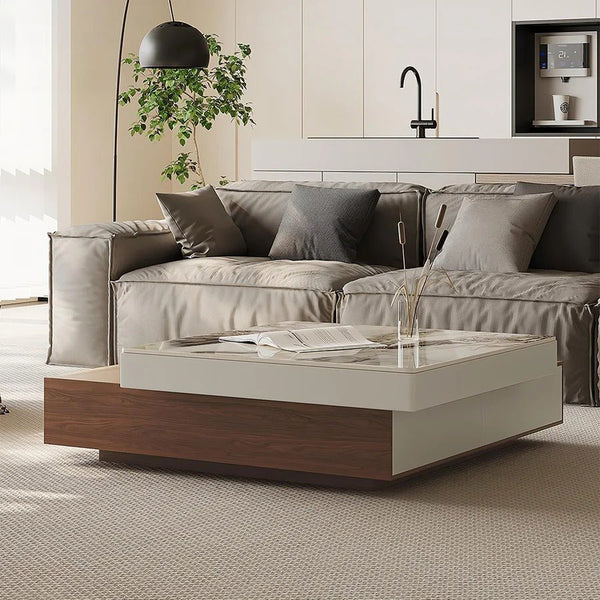 Grimaldi Extendable Square Coffee Table with Sintered Stone Top | Modern Walnut & White Contemporary Center Table | MDF Storage Living Room Table - Sleek Furniture