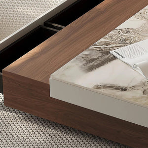 Grimaldi Extendable Square Coffee Table with Sintered Stone Top | Modern Walnut & White Contemporary Center Table | MDF Storage Living Room Table - Sleek Furniture