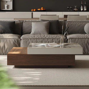 Grimaldi Extendable Square Coffee Table with Sintered Stone Top | Modern Walnut & White Contemporary Center Table | MDF Storage Living Room Table - Sleek Furniture