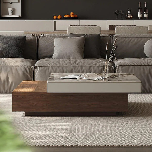 Grimaldi Extendable Square Coffee Table with Sintered Stone Top | Modern Walnut & White Contemporary Center Table | MDF Storage Living Room Table - Sleek Furniture