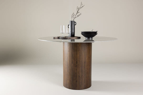 Härön Round Dining Table – Ribbed Dark Brown Base with Stone Top