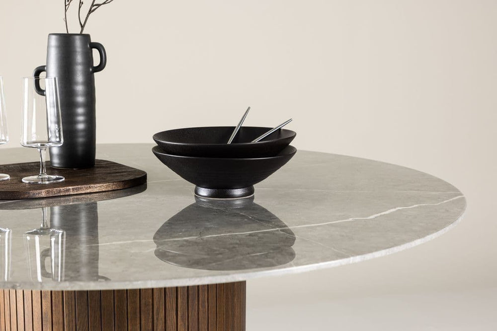 Härön Round Dining Table – Ribbed Dark Brown Base with Stone Top