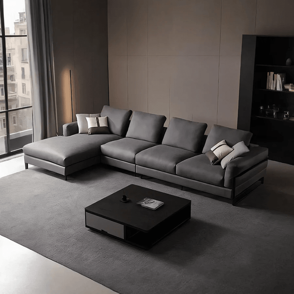 H92 Grey Four Seater Corner Sofa | Leathaire Modular L-Shape Sectional Sofa | Modern Contemporary Corner Couch | Multiple Colour Options | High Density Foam Living Room Sofa - Sleek Furniture