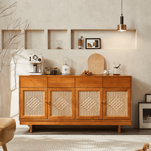 Hadza Narrow Sideboard Cabinet, Solid Wood Slim Storage Unit with Twisted Paper Cord Doors, Modern Contemporary Wooden Sideboard for Living Room & Dining Room - Sleek Furniture
