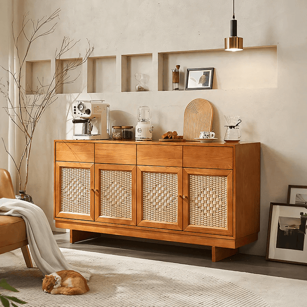 Hadza Narrow Sideboard Cabinet, Solid Wood Slim Storage Unit with Twisted Paper Cord Doors, Modern Contemporary Wooden Sideboard for Living Room & Dining Room - Sleek Furniture