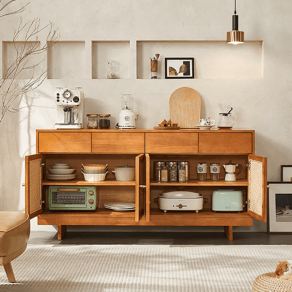 Hadza Narrow Sideboard Cabinet, Solid Wood Slim Storage Unit with Twisted Paper Cord Doors, Modern Contemporary Wooden Sideboard for Living Room & Dining Room - Sleek Furniture