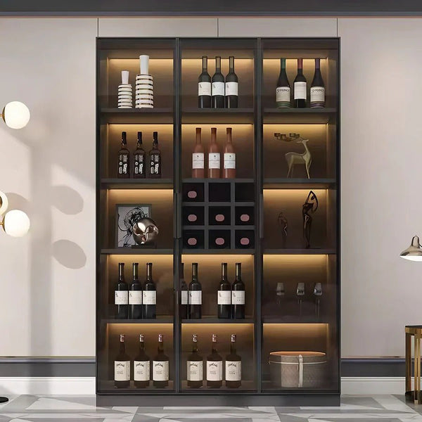 Hampshire I Modern Wine Cabinet with Glass Doors & LED Lighting – Black Storage Display Unit for Wine Bottles & Glassware - Sleek Furniture
