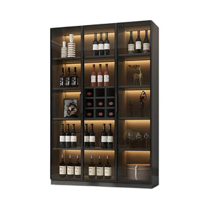 Hampshire I Modern Wine Cabinet with Glass Doors & LED Lighting – Black Storage Display Unit for Wine Bottles & Glassware - Sleek Furniture