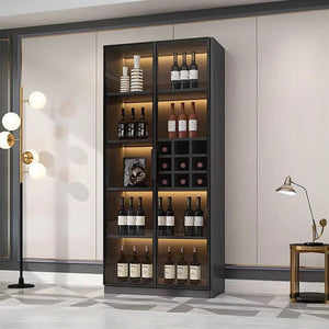 Hampshire I Modern Wine Cabinet with Glass Doors & LED Lighting – Black Storage Display Unit for Wine Bottles & Glassware - Sleek Furniture