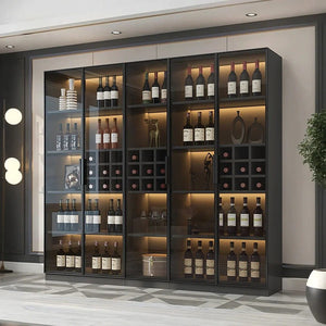 Hampshire I Modern Wine Cabinet with Glass Doors & LED Lighting – Black Storage Display Unit for Wine Bottles & Glassware - Sleek Furniture