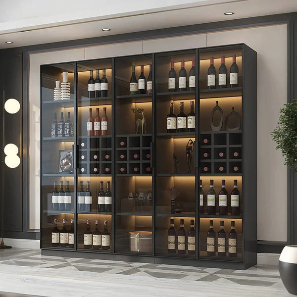 Hampshire I Modern Wine Cabinet with Glass Doors & LED Lighting – Black Storage Display Unit for Wine Bottles & Glassware - Sleek Furniture