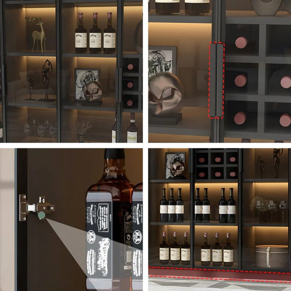 Hampshire I Modern Wine Cabinet with Glass Doors & LED Lighting – Black Storage Display Unit for Wine Bottles & Glassware - Sleek Furniture