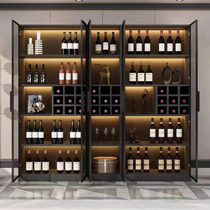 Hampshire I Modern Wine Cabinet with Glass Doors & LED Lighting – Black Storage Display Unit for Wine Bottles & Glassware - Sleek Furniture