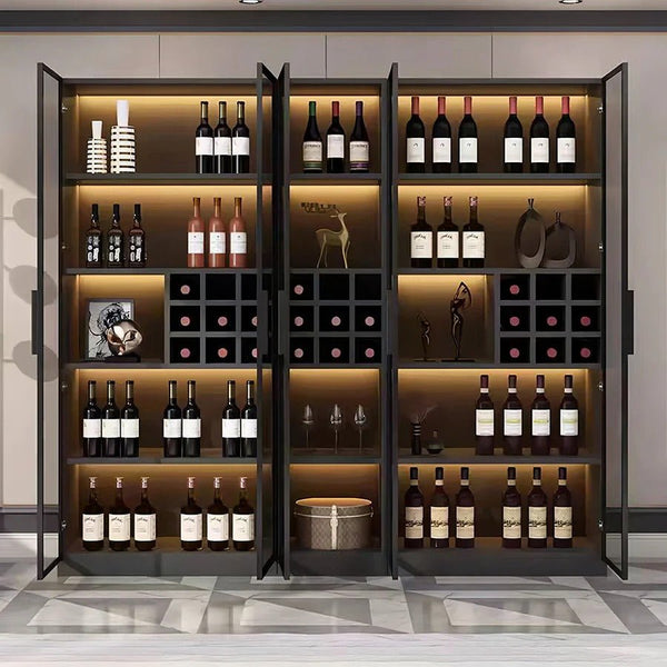 Hampshire I Modern Wine Cabinet with Glass Doors & LED Lighting – Black Storage Display Unit for Wine Bottles & Glassware - Sleek Furniture