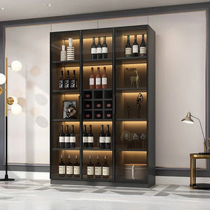 Hampshire I Modern Wine Cabinet with Glass Doors & LED Lighting – Black Storage Display Unit for Wine Bottles & Glassware - Sleek Furniture