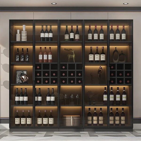 Hampshire I Modern Wine Cabinet with Glass Doors & LED Lighting – Black Storage Display Unit for Wine Bottles & Glassware - Sleek Furniture