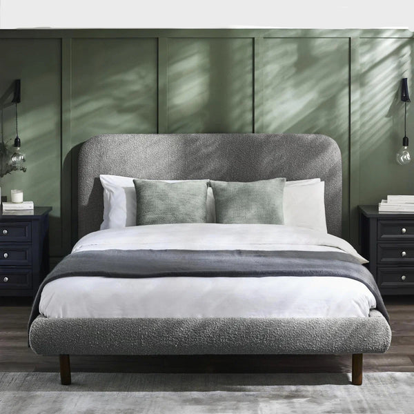 Hannah Grey Bouclé Double Bed Frame – Curved Upholstered 135cm Bed with Contemporary Design - Sleek Furniture