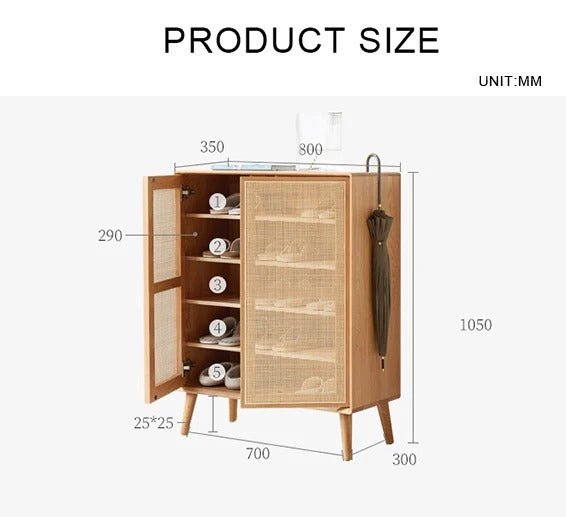 Hans Rattan Shoe Storage Cabinet in Oak Finish – Modern Wooden Shoe Organizer with Breathable Rattan Doors, Space - Saving Hallway Storage Unit - Sleek Furniture