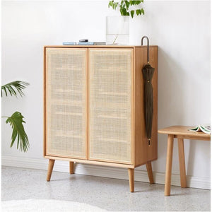 Hans Rattan Shoe Storage Cabinet in Oak Finish – Modern Wooden Shoe Organizer with Breathable Rattan Doors, Space - Saving Hallway Storage Unit - Sleek Furniture