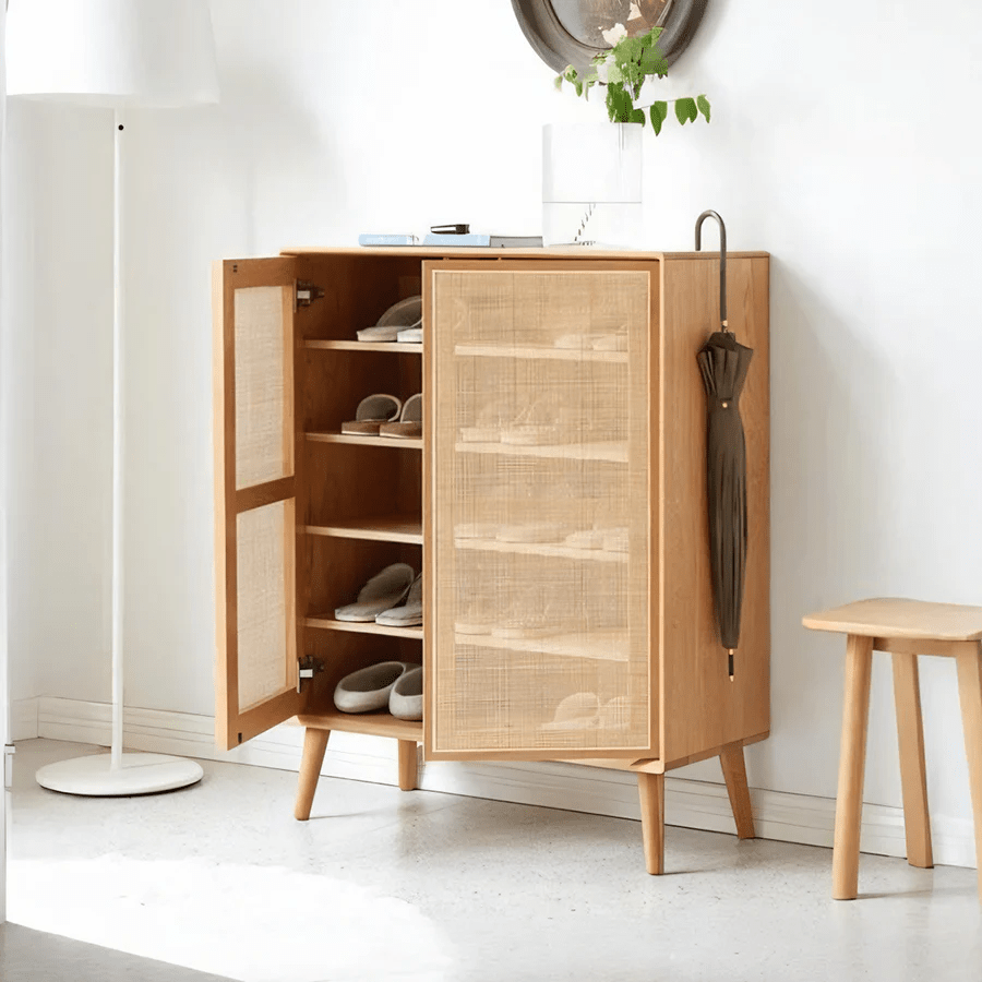 Hans Rattan Shoe Storage Cabinet in Oak Finish – Modern Wooden Shoe Organizer with Breathable Rattan Doors, Space - Saving Hallway Storage Unit - Sleek Furniture