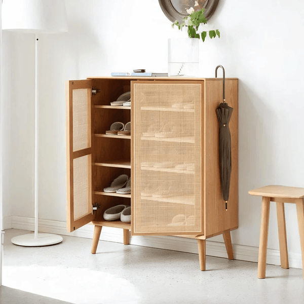 Hans Rattan Shoe Storage Cabinet in Oak Finish – Modern Wooden Shoe Organizer with Breathable Rattan Doors, Space - Saving Hallway Storage Unit - Sleek Furniture