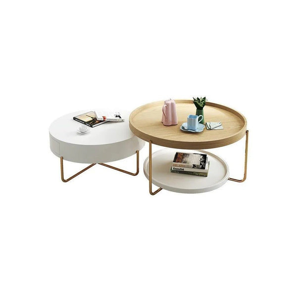 Harper Oak Nesting Coffee Table Set | Modern Contemporary Wooden Top with Painted Steel Frame – White & Oak Finish - Sleek Furniture
