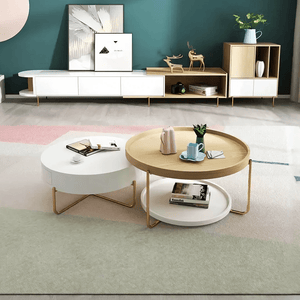 Harper Oak Nesting Coffee Table Set | Modern Contemporary Wooden Top with Painted Steel Frame – White & Oak Finish - Sleek Furniture