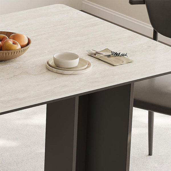 Hasegawa Sintered Stone Dining Table with Black Metal Legs, Modern Rectangular Dining Room Table, Contemporary Kitchen & Dining Table, Black or White Finish - Sleek Furniture