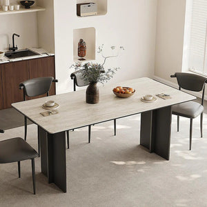 Hasegawa Sintered Stone Dining Table with Black Metal Legs, Modern Rectangular Dining Room Table, Contemporary Kitchen & Dining Table, Black or White Finish - Sleek Furniture