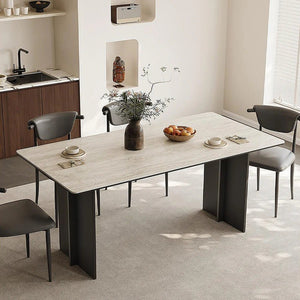 Hasegawa Sintered Stone Dining Table with Black Metal Legs, Modern Rectangular Dining Room Table, Contemporary Kitchen & Dining Table, Black or White Finish - Sleek Furniture