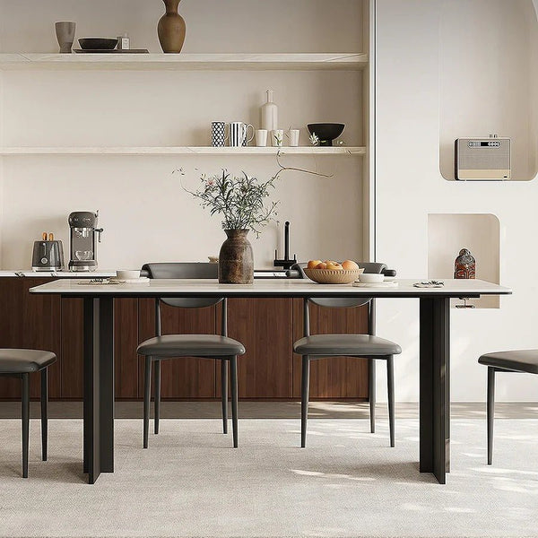 Hasegawa Sintered Stone Dining Table with Black Metal Legs, Modern Rectangular Dining Room Table, Contemporary Kitchen & Dining Table, Black or White Finish - Sleek Furniture