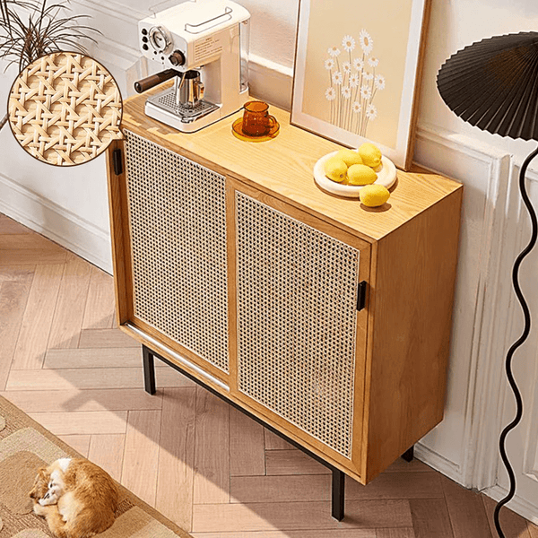 Haven Rattan Sideboard Cabinet – Solid Wood & Handwoven Rattan Storage Unit, Modern Contemporary Side Cabinet with Legs, Cherrywood Finish - Sleek Furniture