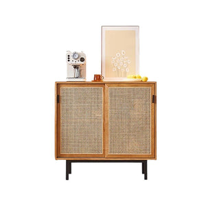 Haven Rattan Sideboard Cabinet – Solid Wood & Handwoven Rattan Storage Unit, Modern Contemporary Side Cabinet with Legs, Cherrywood Finish - Sleek Furniture