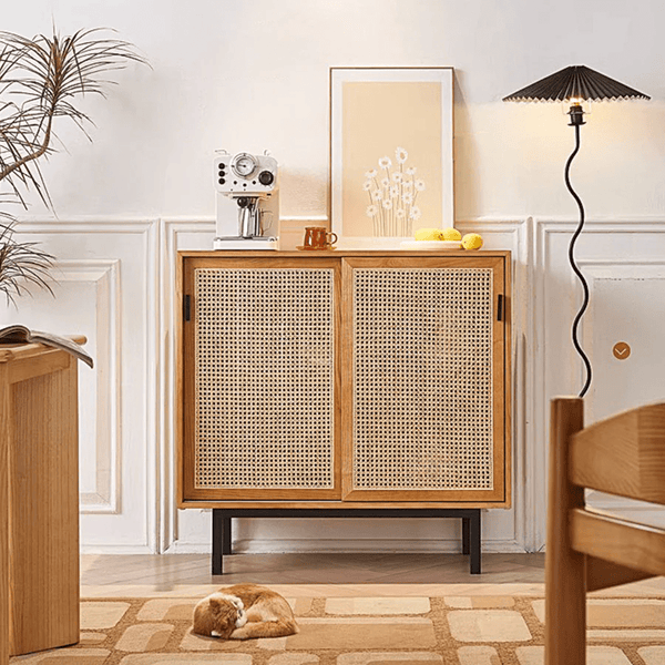 Haven Rattan Sideboard Cabinet – Solid Wood & Handwoven Rattan Storage Unit, Modern Contemporary Side Cabinet with Legs, Cherrywood Finish - Sleek Furniture