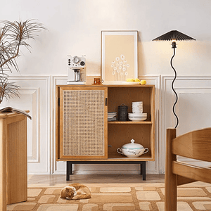Haven Rattan Sideboard Cabinet – Solid Wood & Handwoven Rattan Storage Unit, Modern Contemporary Side Cabinet with Legs, Cherrywood Finish - Sleek Furniture