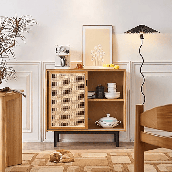 Haven Rattan Sideboard Cabinet – Solid Wood & Handwoven Rattan Storage Unit, Modern Contemporary Side Cabinet with Legs, Cherrywood Finish - Sleek Furniture