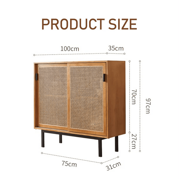 Haven Rattan Sideboard Cabinet – Solid Wood & Handwoven Rattan Storage Unit, Modern Contemporary Side Cabinet with Legs, Cherrywood Finish - Sleek Furniture