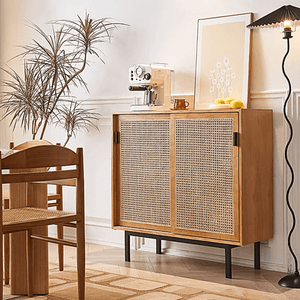 Haven Rattan Sideboard Cabinet – Solid Wood & Handwoven Rattan Storage Unit, Modern Contemporary Side Cabinet with Legs, Cherrywood Finish - Sleek Furniture